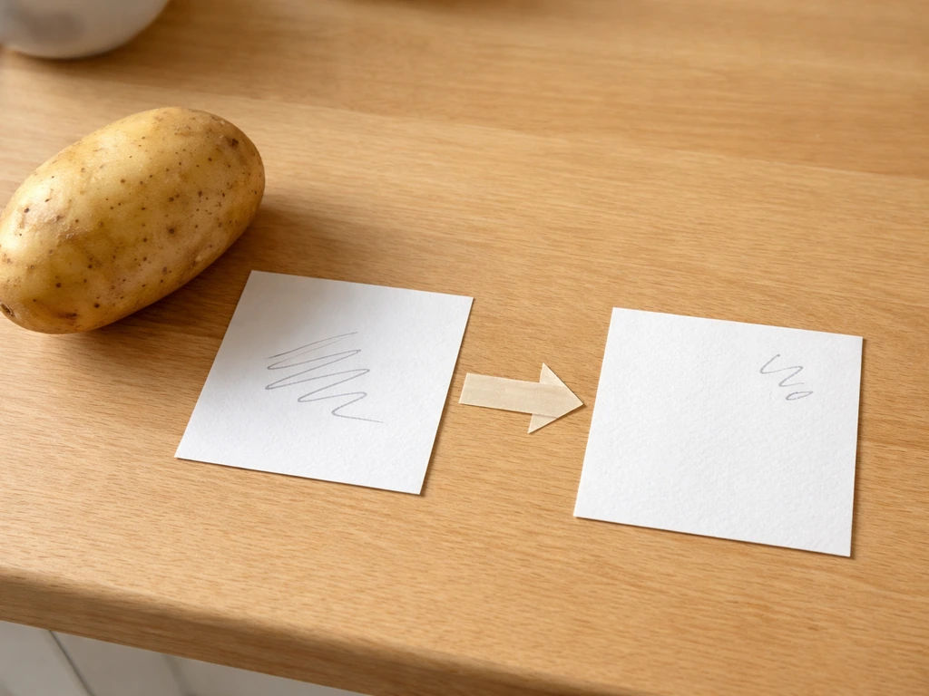 Minimal photo of a potato on a kitchen counter beside two handwritten pronunciation cards, arrow transformation