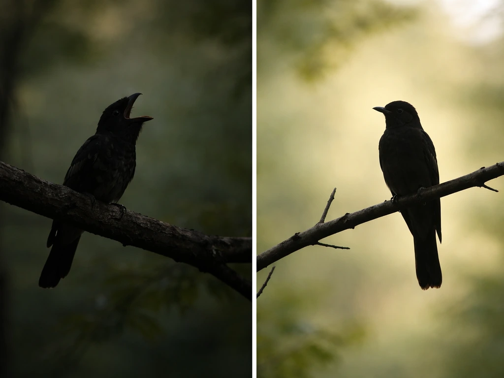 Two bird silhouettes on a simple nature background, one with open beak posture and one perched