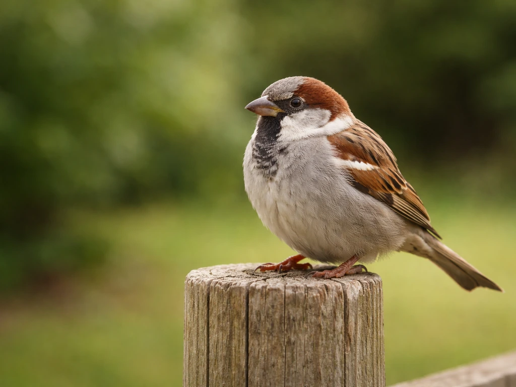 A sparrow perched on a wooden fence post with blurred greenery in the background.