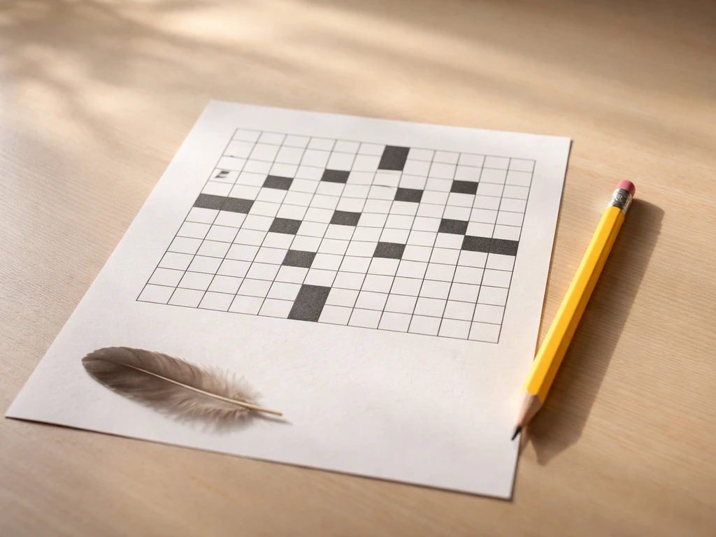 Minimal close-up of a crossword-style paper with pencil marks and a single bird-feather motif