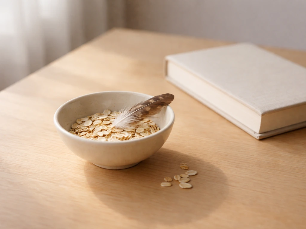 Light wood table with a feather and small bowl of oats beside a closed book.