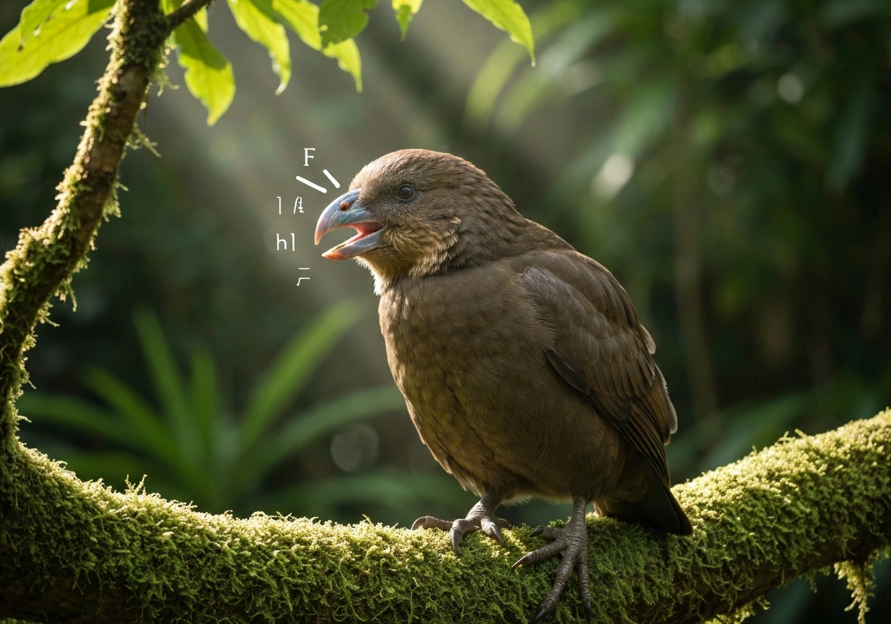 Kākāpō bird perched in native forest greenery, small focus on mouth and beak for pronunciation cue