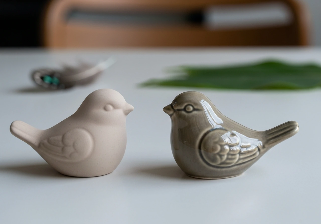 Two small bird figurines side-by-side on a tabletop, suggesting spelling differences without any text.