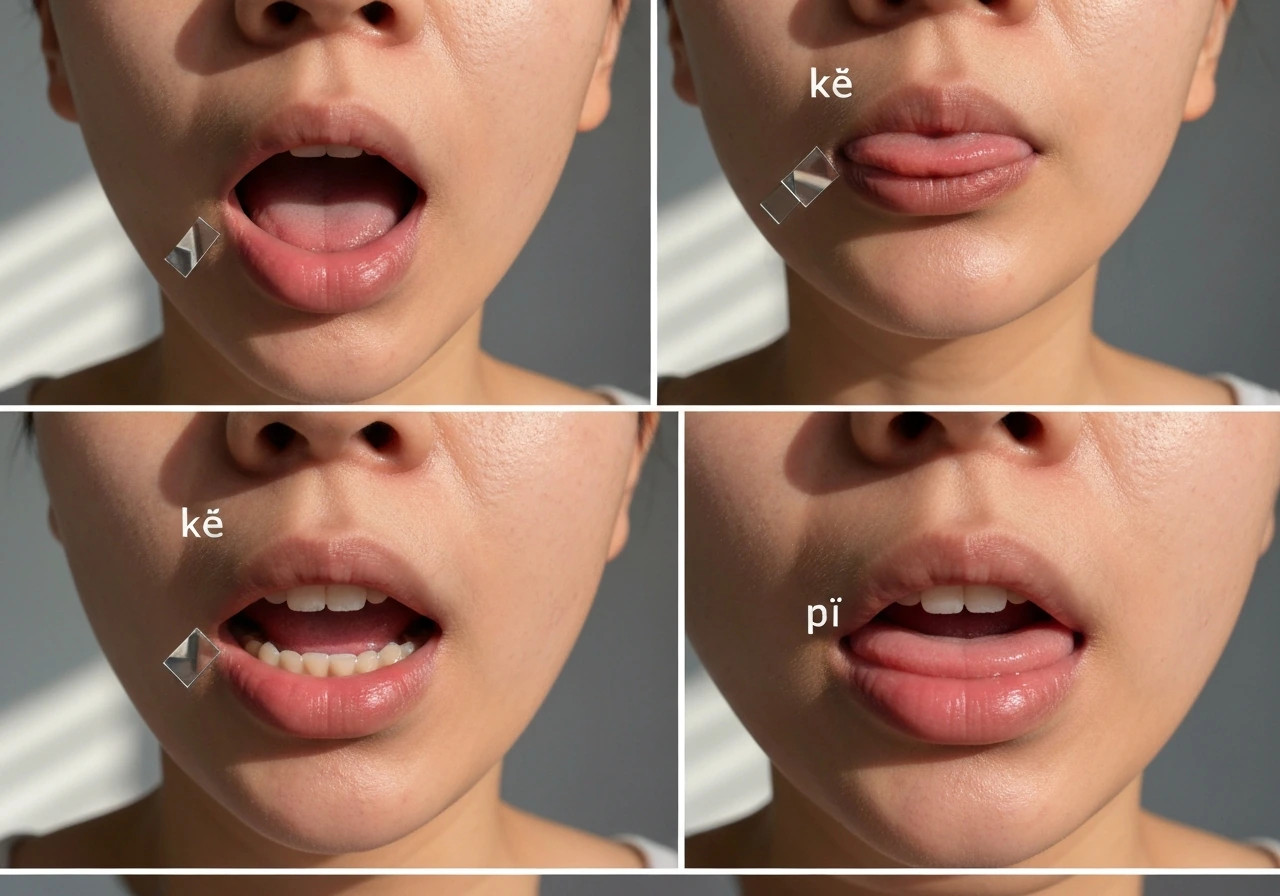 Close-up of an anonymous mouth showing three syllable mouth positions in minimal staged panels.