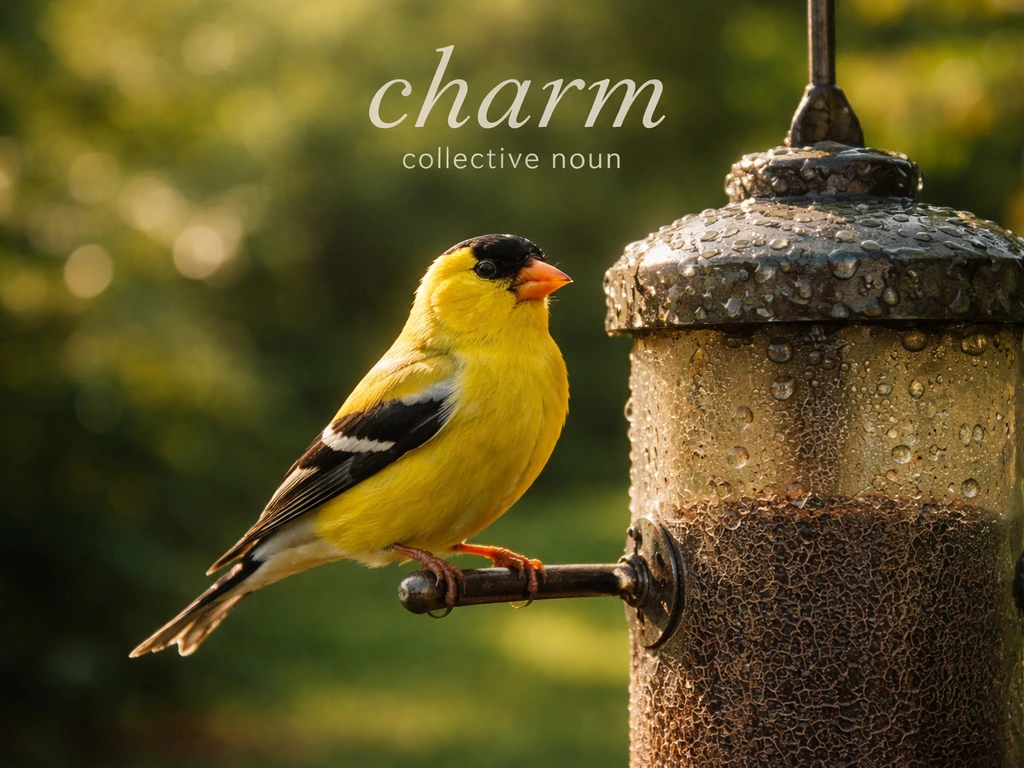 Goldfinch perched on a thistle feeder with subtle “charm collective noun” text overlay in natural light.