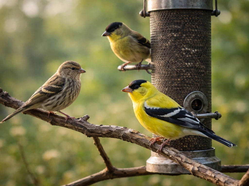 Goldfinches perched beside a thistle feeder in natural light, close-up with minimal background.