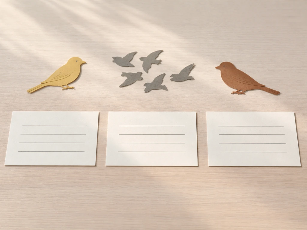 Three minimal bird silhouette cards—goldfinch, flock of small birds, and sparrow—on a tabletop.