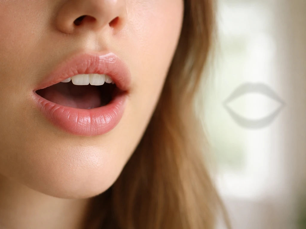 Close-up of a person’s mouth mid-speech, demonstrating natural pronunciation shape with a minimal, blank background.