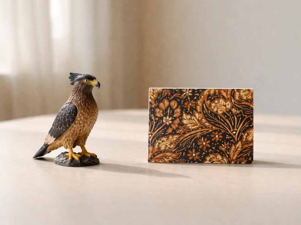 Minimal close-up of an eagle-feathered bird figurine beside a small Indonesian-style pattern card on a desk