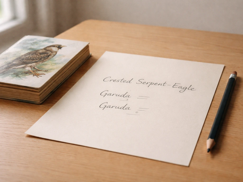 Minimal desk photo showing handwritten hyphenation for Crested Serpent-Eagle and handwritten Garuda variants.