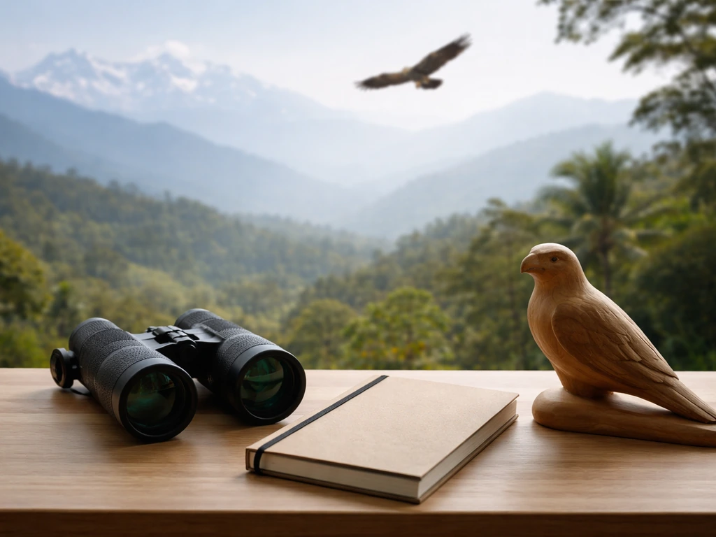 Binoculars, field notebook, and a raptor carving with blurred Himalayan and jungle landscapes in the background.