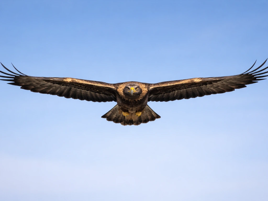A sharp golden eagle in flight with wings spread against a clear sky.