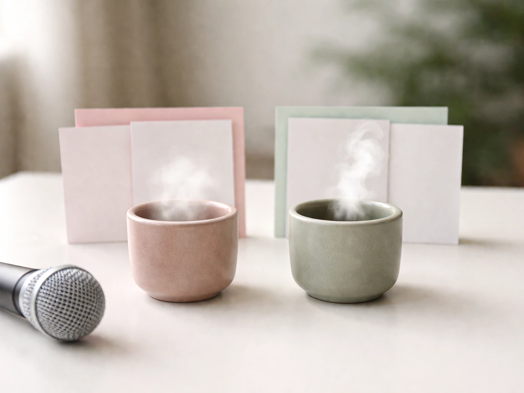 Two cups on a desk with colored cue cards and a microphone, symbolizing incorrect vs corrected pronunciation sounds.