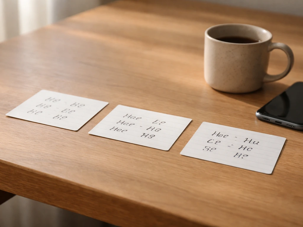 Minimal desk scene with a few handwritten index cards arranged for a pronunciation drill practice.