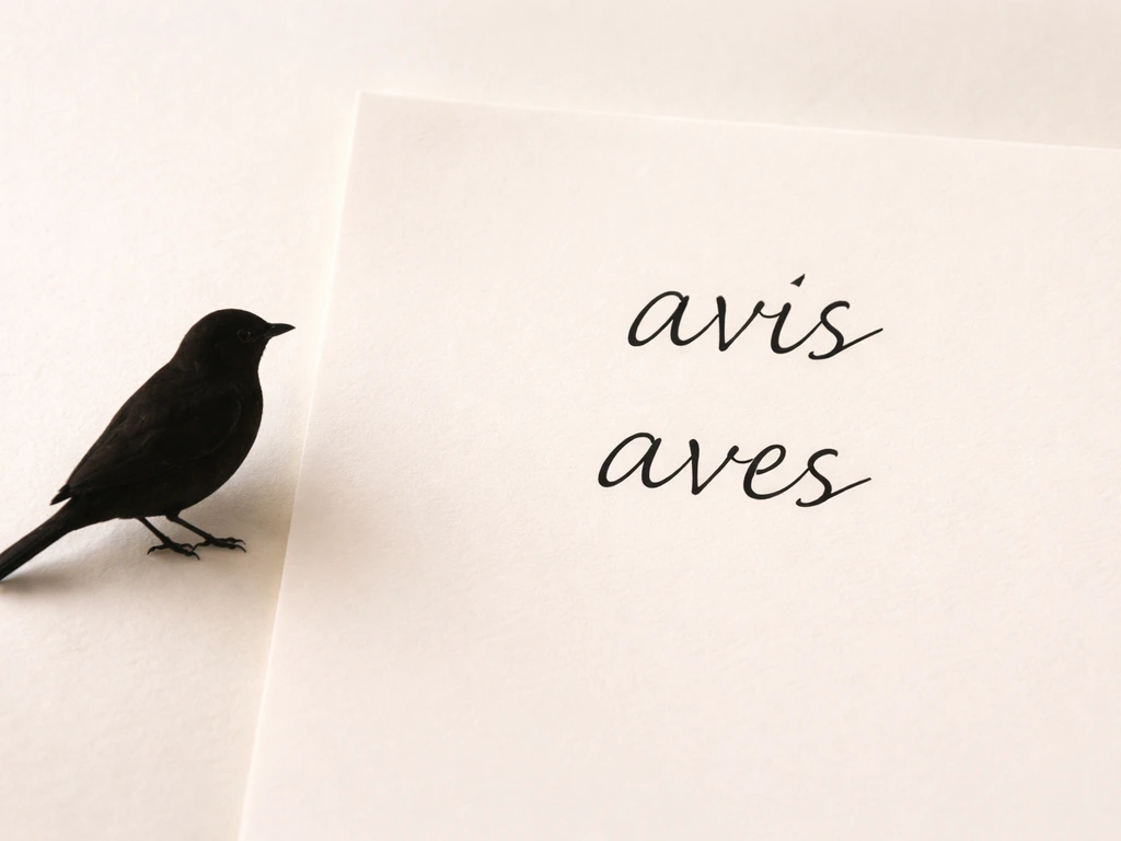 A realistic bird silhouette beside the Latin word forms avis and aves on a blank page.