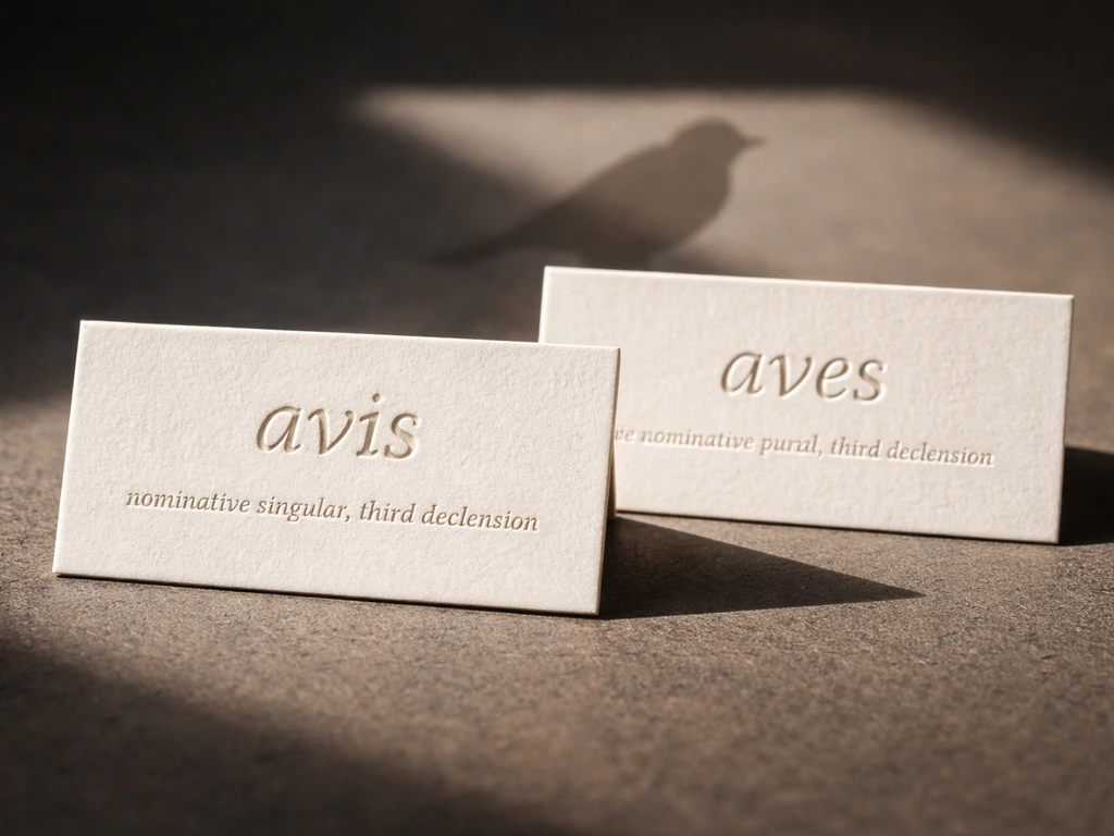 Close-up of two embossed Latin noun cards on a dark table with a blurred bird silhouette cue.