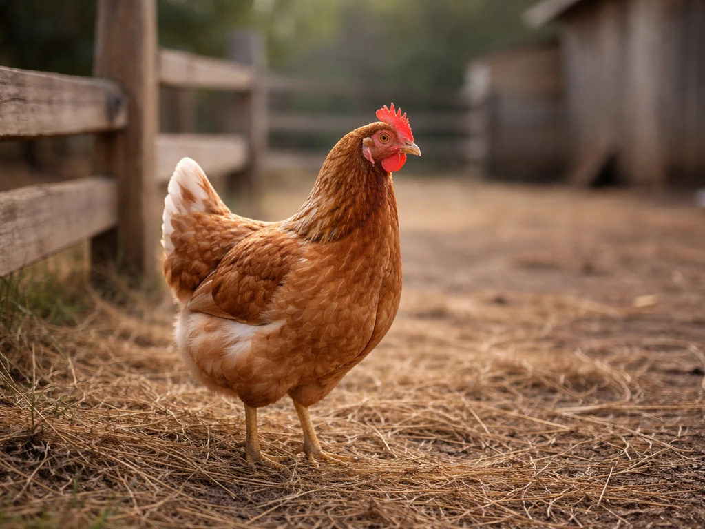 A red-brown hen standing on straw in a quiet farmyard near a rustic wooden fence.