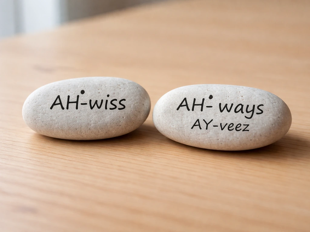Close-up of two small stone tablets with handwritten phonetic syllables: “AH-wiss” and “AH-ways/AY-veez”