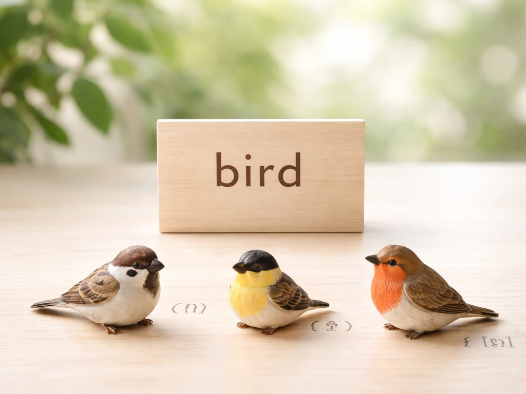Minimal scene with a “bird” word sign, small simple birds, and pronunciation markings for multilingual spelling