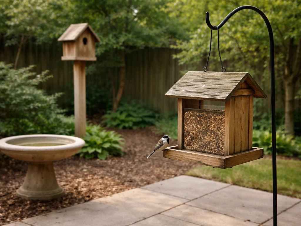 Minimal scene showing a bird feeder, birdbath, and birdhouse on a quiet patio with a generic small bird nearby.