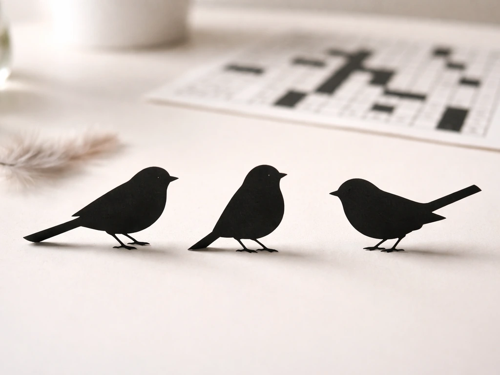 Closeup silhouettes of three common birds on a clean surface, suggesting an 8-letter crossword answer