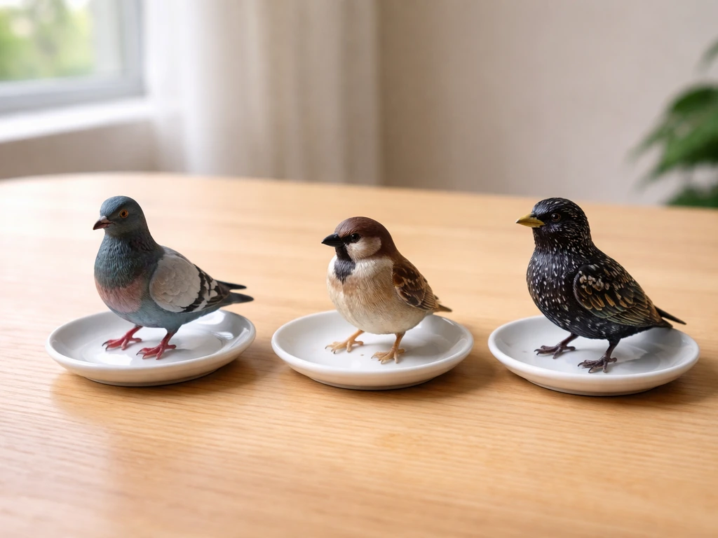 Three small model birds (pigeon, sparrow, starling) on a wooden table, shown in separated trio.