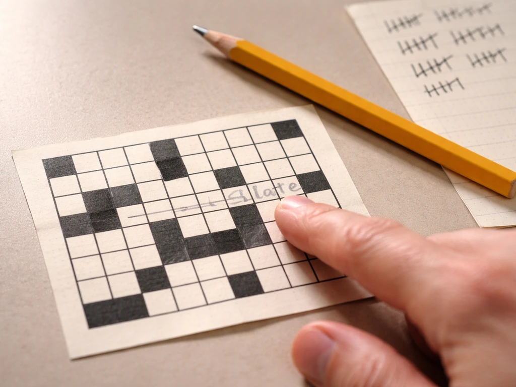 Closeup of an anonymous hand counting letters on a crossword fragment with a pencil and number tallies.