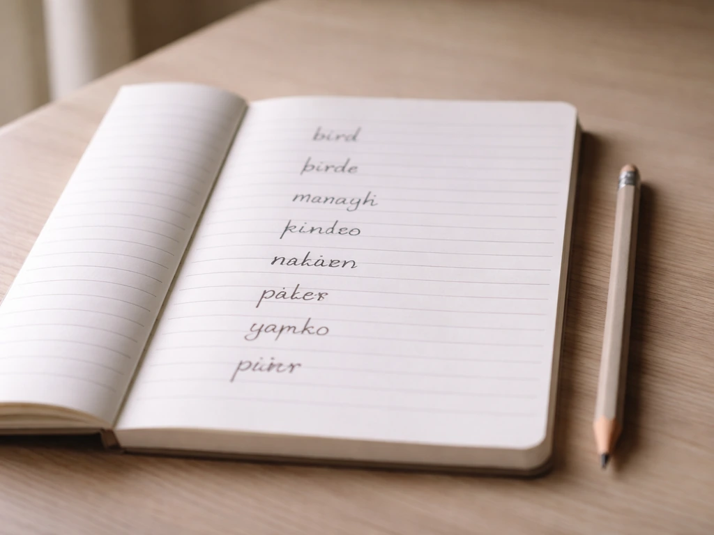 Minimal desk scene with a simple multilingual word puzzle spread, highlighting different letter lengths