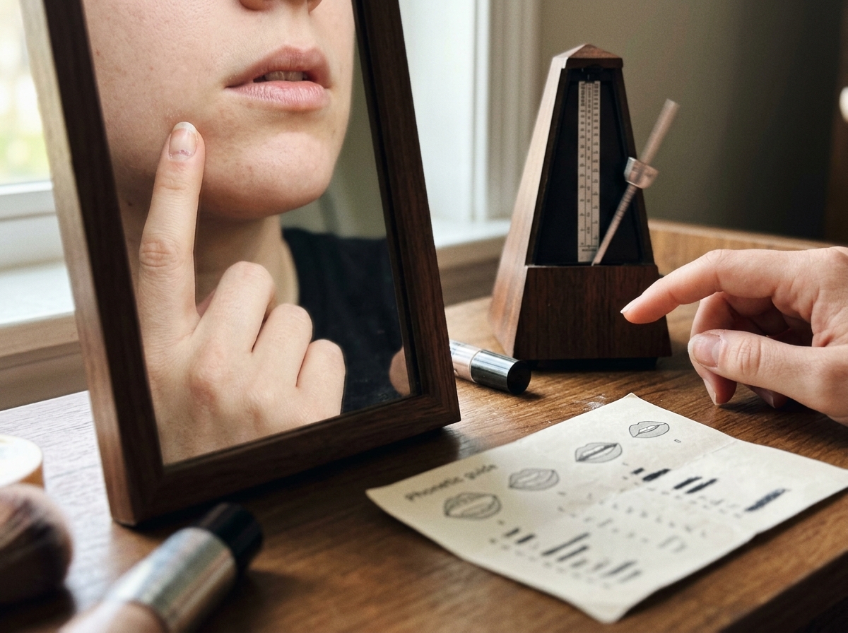 Mirror scene demonstrating how to say “toucan” with first-syllable emphasis