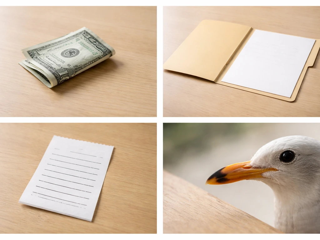 Tabletop grid showing money bill, blank document, blank receipt, and a bird beak close-up.