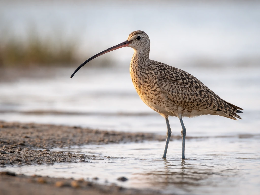 Long-billed curlew wading at the shore, showcasing a long downcurved bill