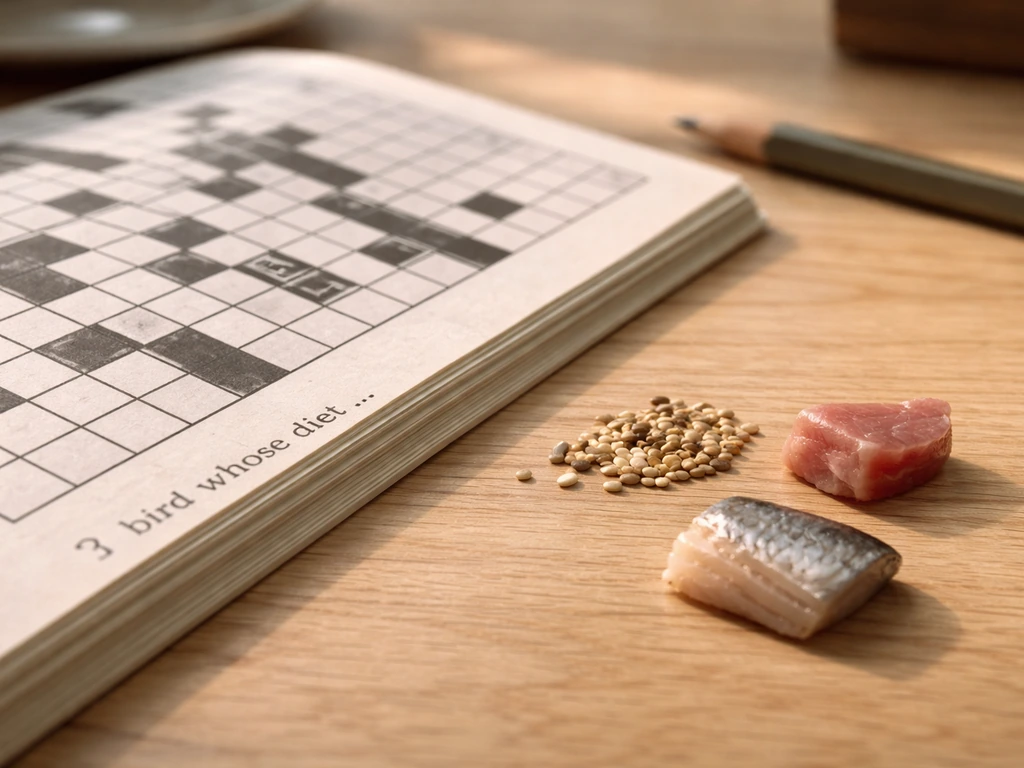 Close-up of a crossword clue fragment “bird whose diet …” with seeds, meat, and a small fish on a desk.