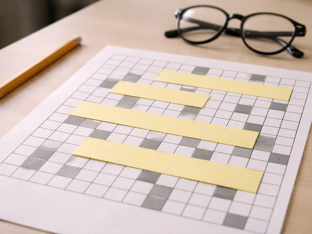 Minimal desk photo showing a crossword grid with a few highlighted candidate rows using sticky notes.