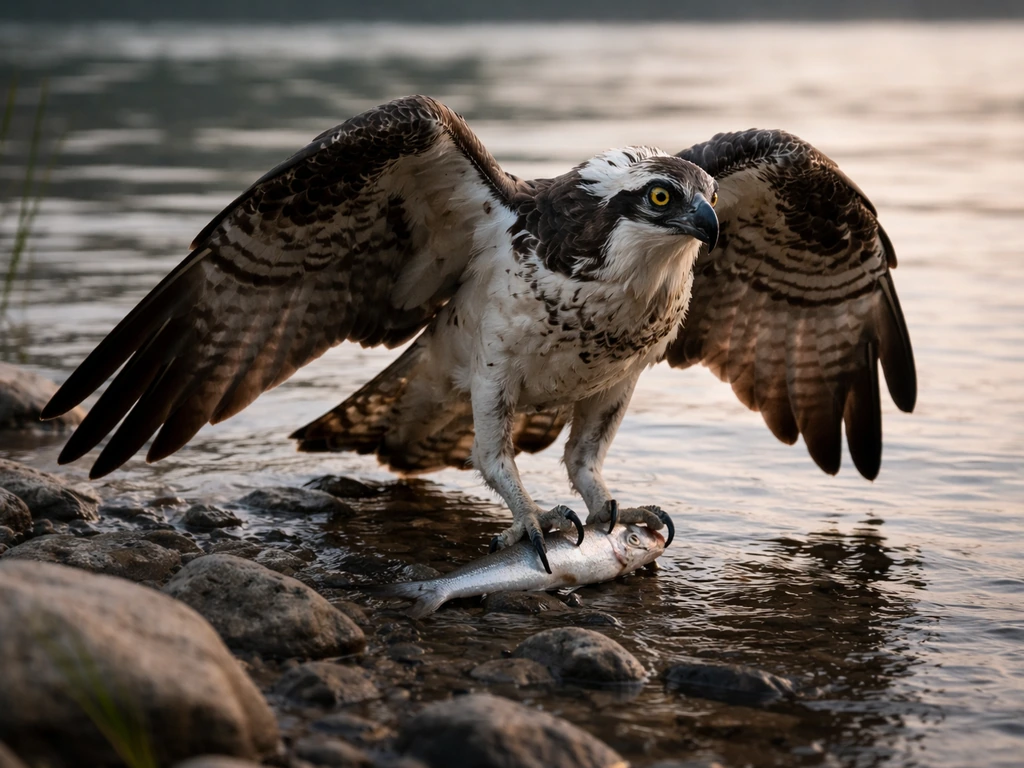 Osprey perched at a river edge holding a small fish in its talons
