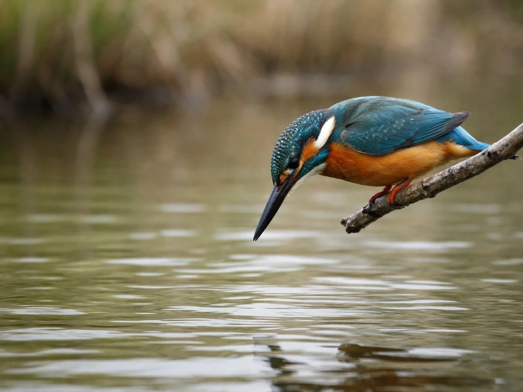 Kingfisher perched over water with beak pointed downward, poised to dive.