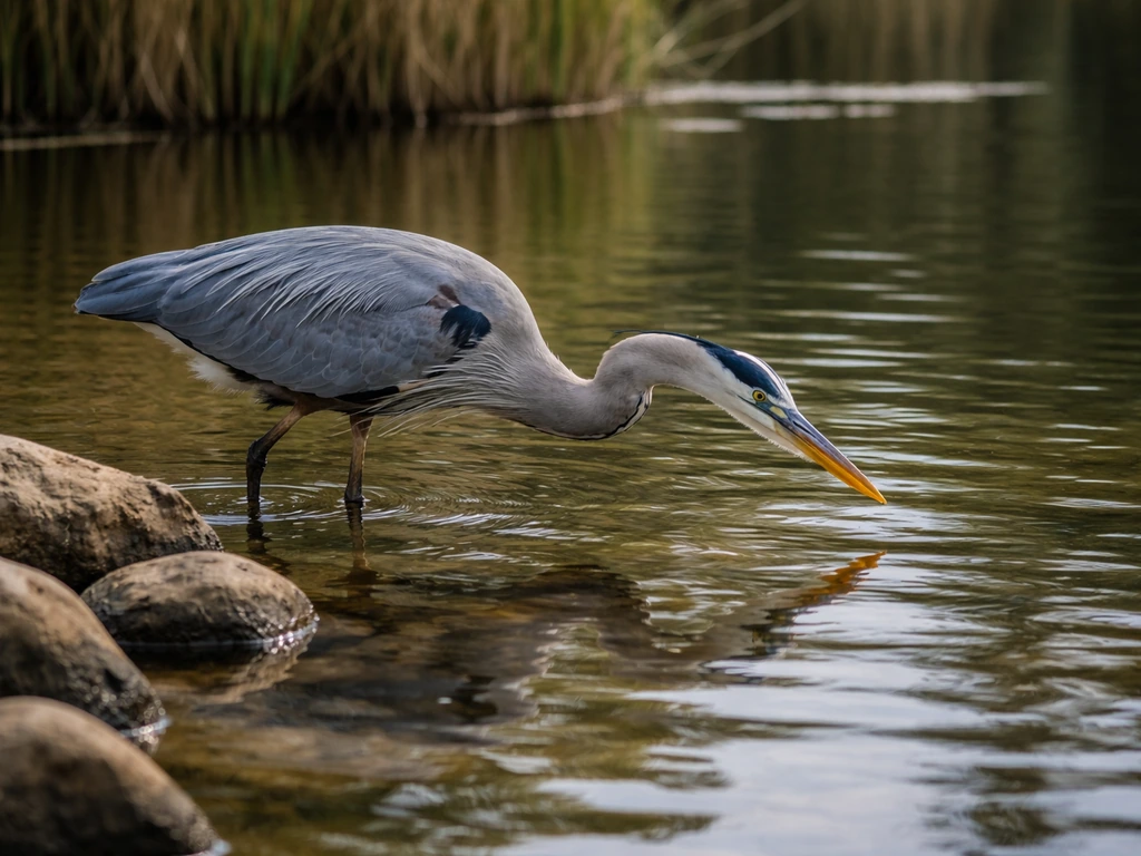 Great blue heron standing in shallow water, hunting with head lowered