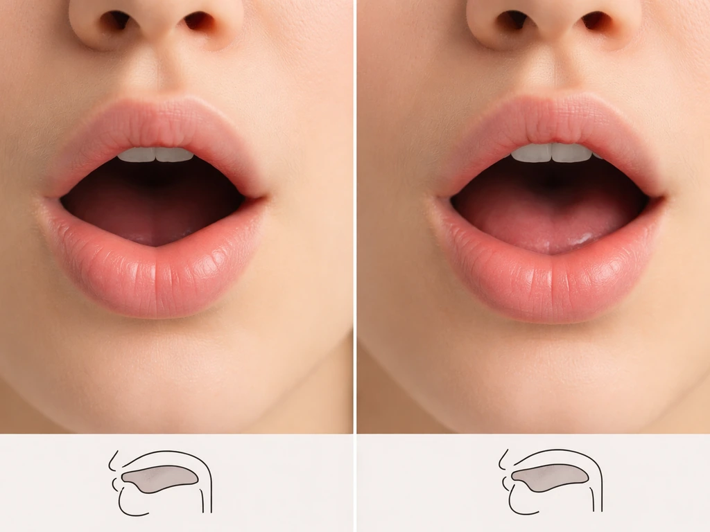 Minimal photo of a hand near a notebook with two contrasting mouth positions for pronouncing “bird” in UK and US