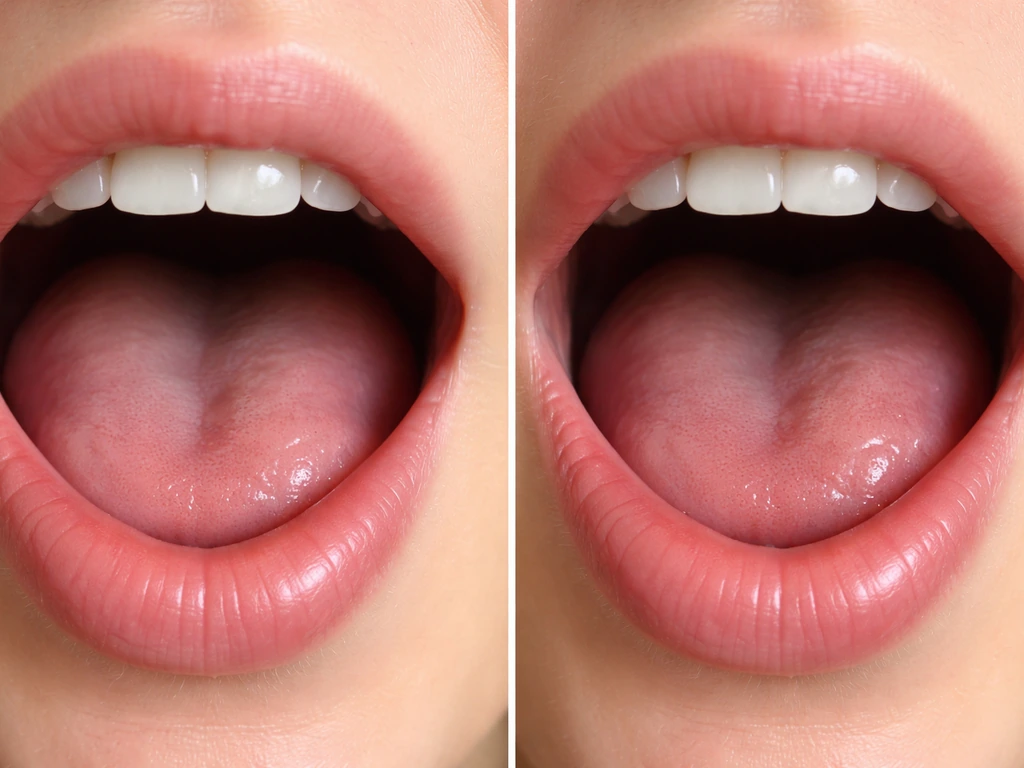 Macro close-up of an anonymous mouth showing tongue and jaw positions for the vowel sound in “bird”.
