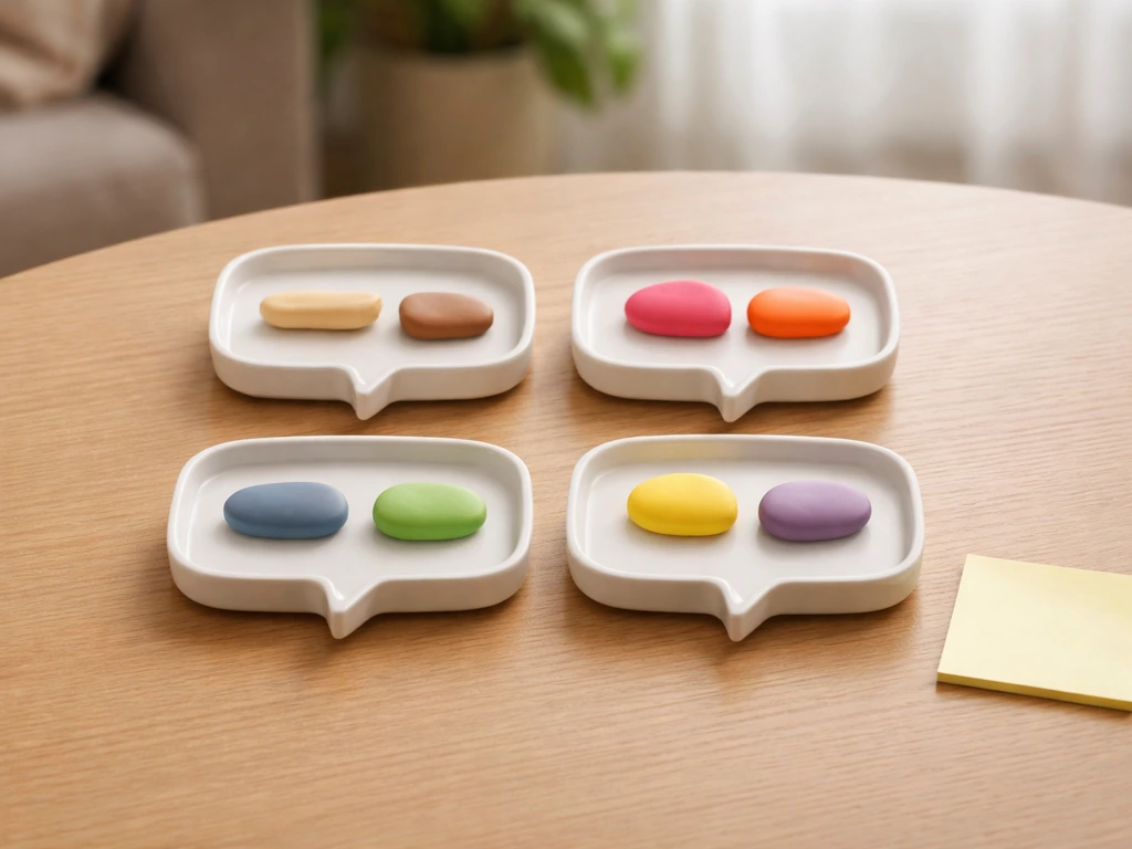 Minimal tabletop scene with four blank speech bubbles and colored vowel shapes suggesting wrong vs correct sounds.