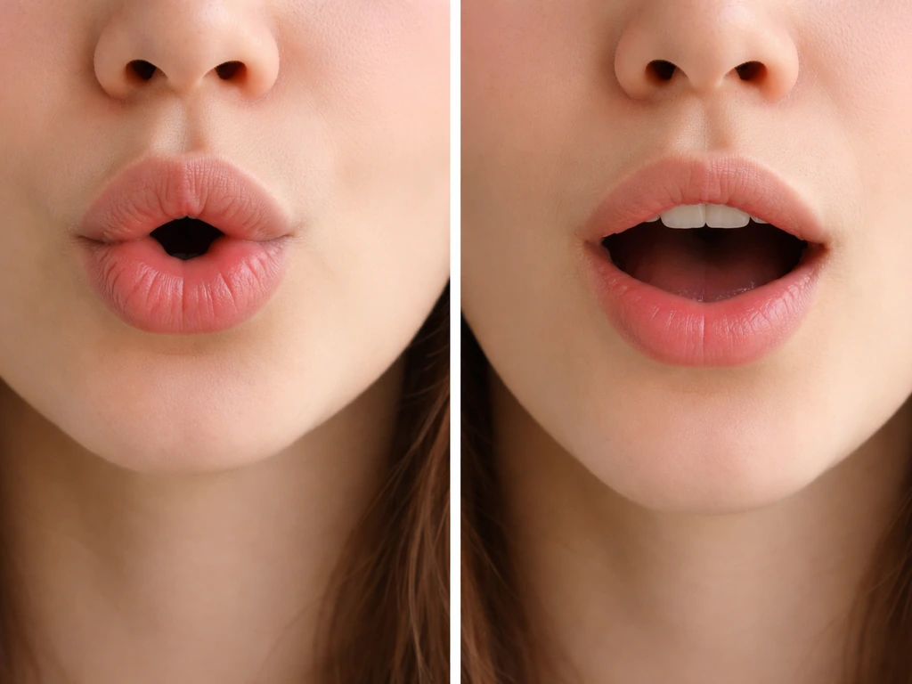Split-screen of two close-up mouths forming two different English vowel shapes, correcting mispronunciation.