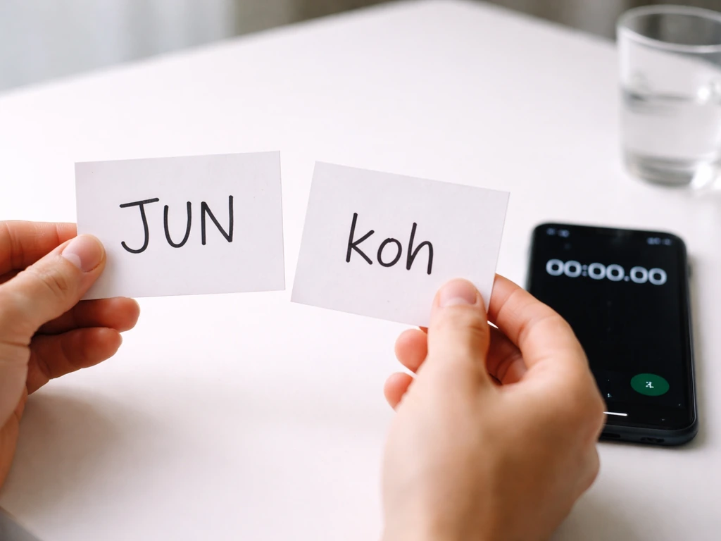 Close-up of hands practicing speech sounds beside a simple stopwatch and cue cards labeled as JUN then koh