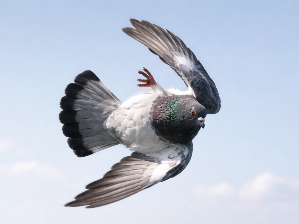 Tumbler pigeon mid-flight performing a somersault-like maneuver against a soft sky