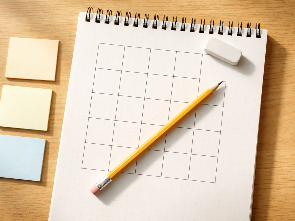 Minimal overhead photo of a pencil and 3x4 square grid notebook page for a word puzzle checklist.