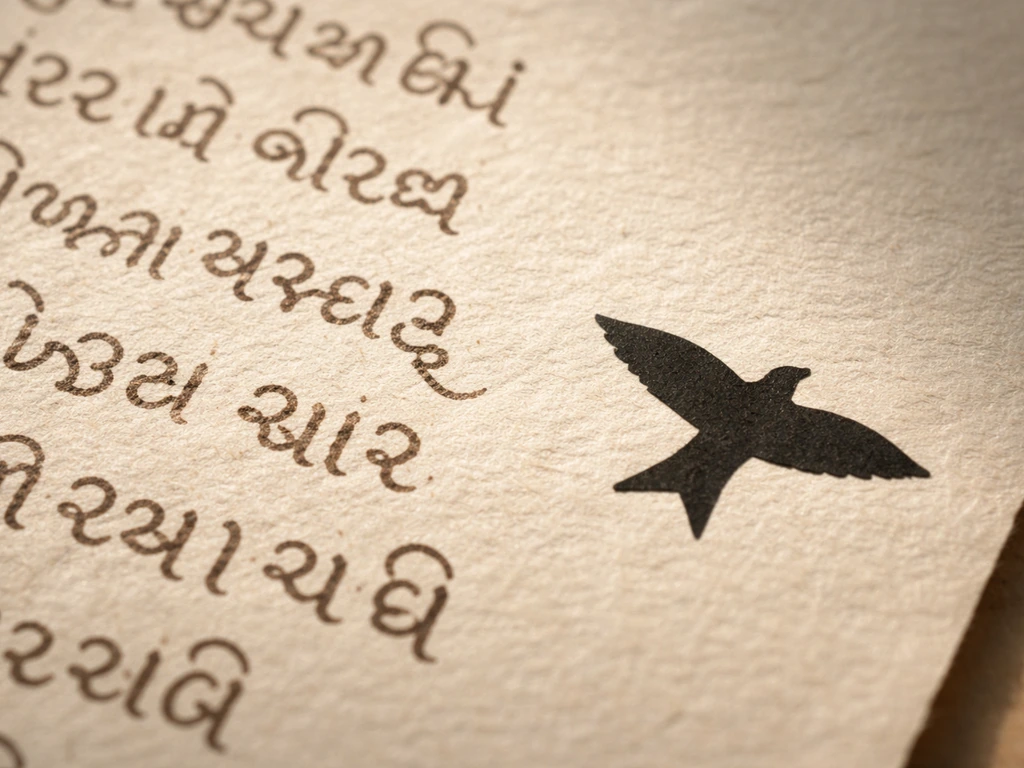 Close-up of Gujarati script with a black kite silhouette motif, suggesting the origin of the name Samdi.