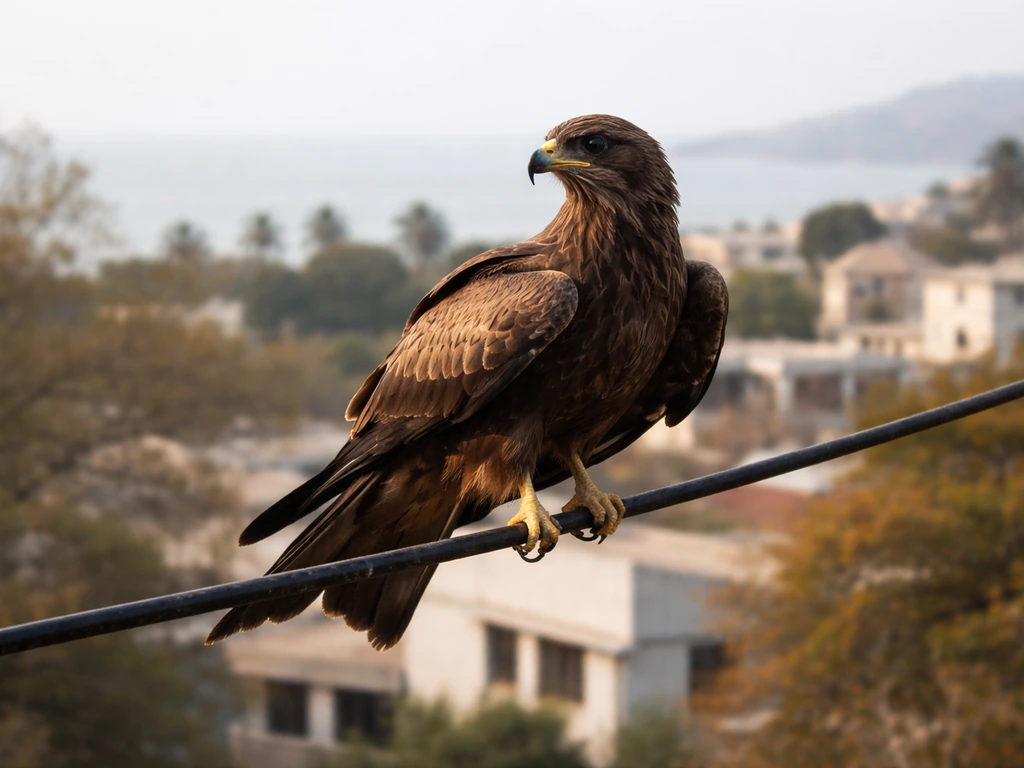 An Indian black kite perched on a wire above a quiet Gujarat-like streetscape under natural light.