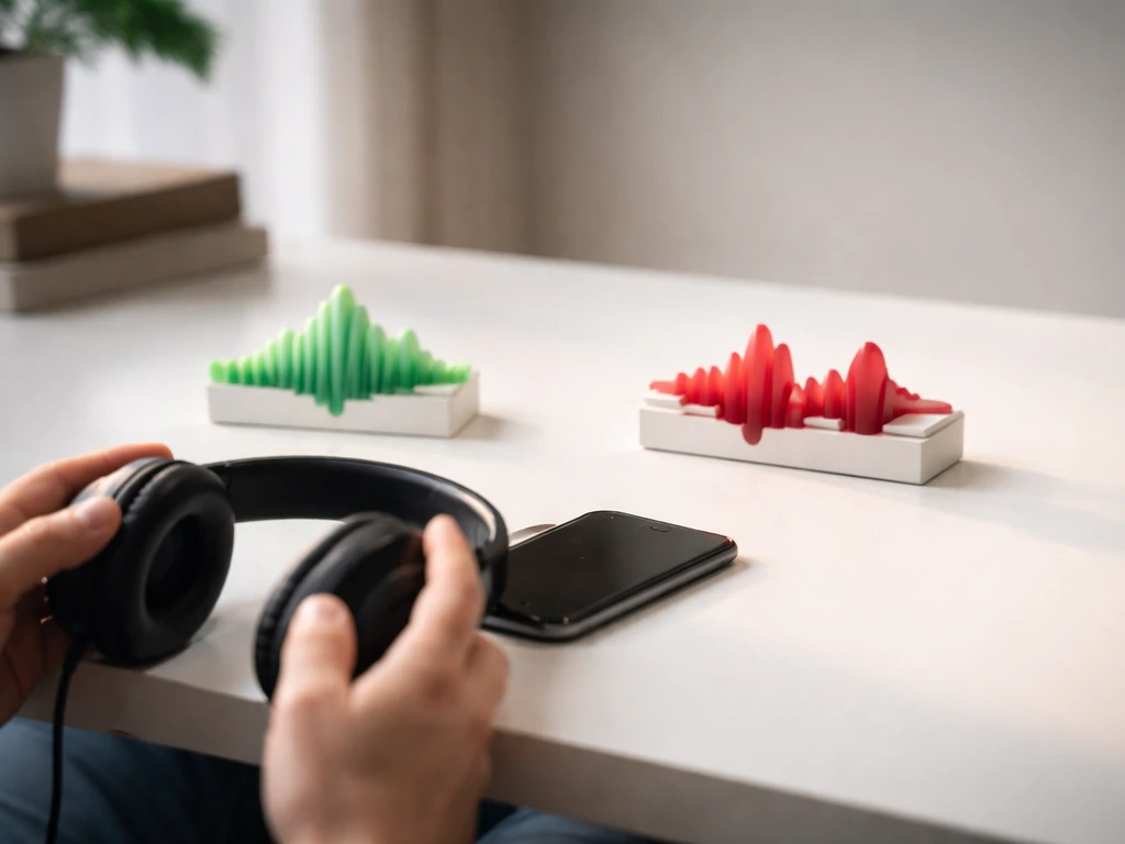 Two headphone-wearing hands at a desk comparing correct and incorrect pronunciations with simple sound wave visuals