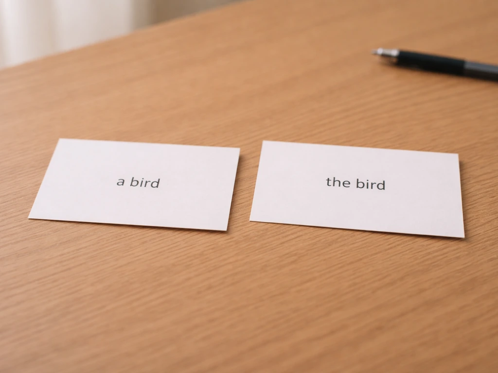 Minimal grammar scene with two blank cards showing “a bird” and “the bird” examples