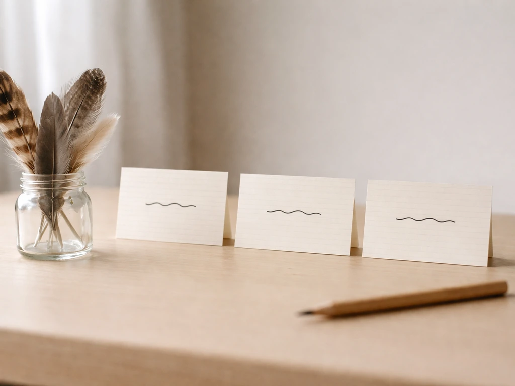 Small desk scene with a pencil and bird feathers beside three blank sentence cards representing roles.