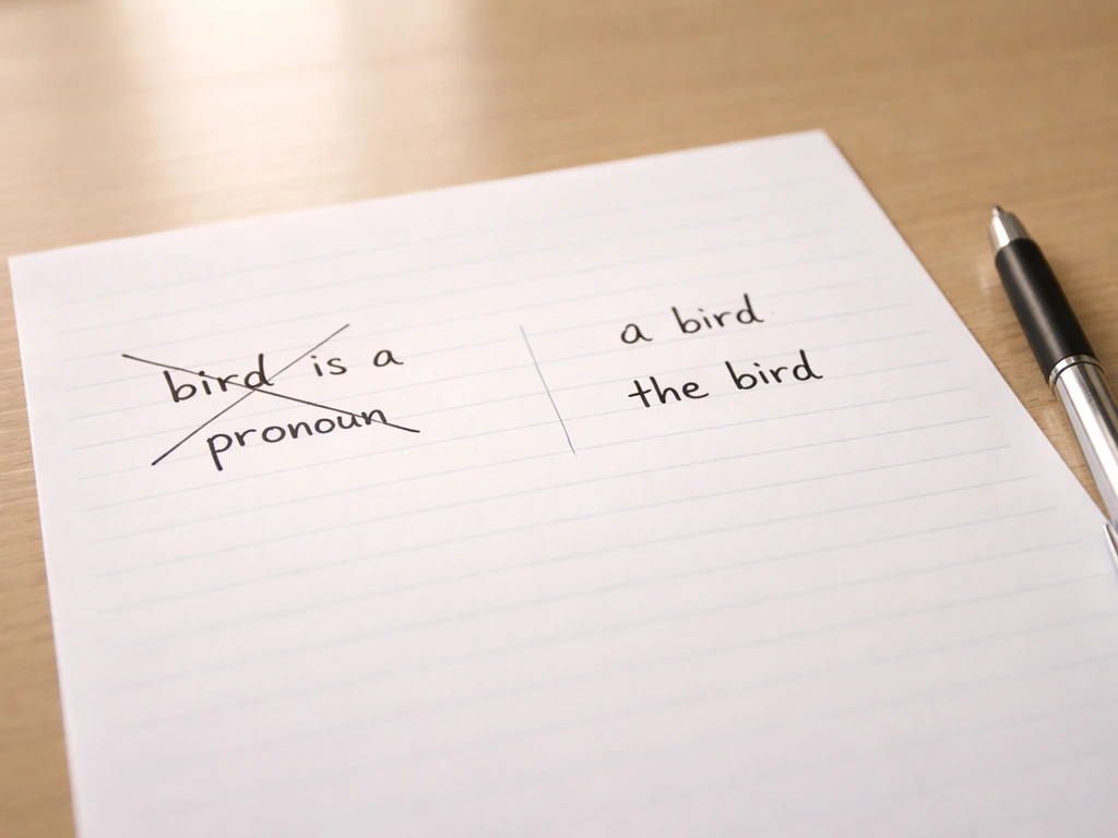 Minimal desk photo of a paper with a crossed-out grammar mistake and a quick correct example using “a/the bird”.