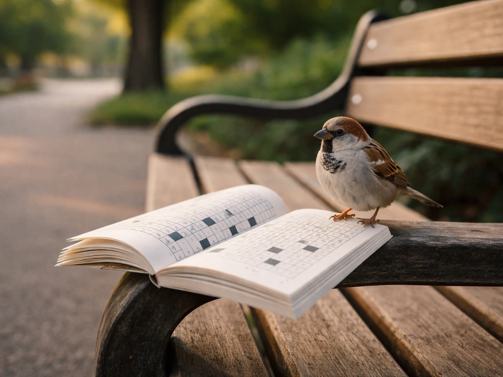 A small sparrow perched on a park bench beside an open crossword book on a city sidewalk.